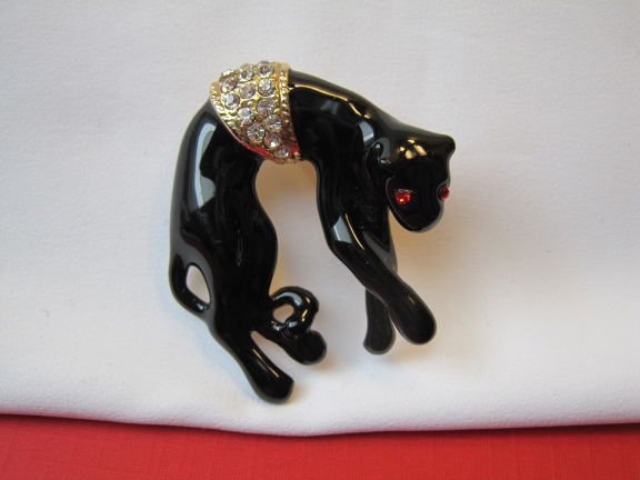 Broche goudkleurig zwart emaille panter/luipaard met rode kristal oogjes 3.9x3.8 cm. - Afbeelding 5