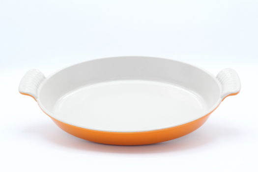 Fraaie vintage gietijzeren ovenschaal van AC (Cousances), oranje 28 cm - 3