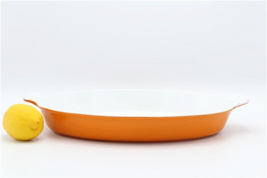 Fraaie vintage gietijzeren ovenschaal van FE, oranje 32 cm - 1