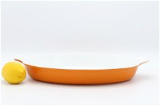 Fraaie vintage gietijzeren ovenschaal van FE, oranje 32 cm