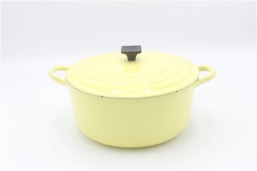 Bijzondere vintage gietijzeren pan van Le Creuset, model D, geel 22 cm - 4