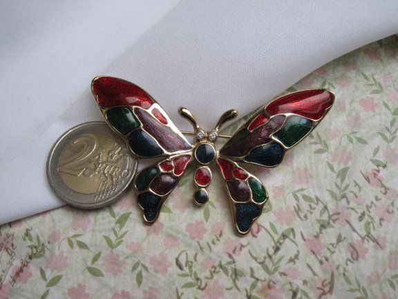 Broche goudkleurige vlinder met rood groen blauw paars emaille 6.7x4.4 cm. - Afbeelding 3