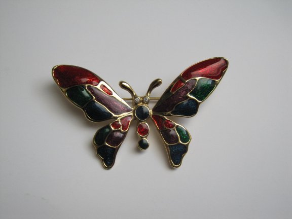 Broche goudkleurige vlinder met rood groen blauw paars emaille 6.7x4.4 cm. - Afbeelding 4