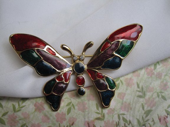 Broche goudkleurige vlinder met rood groen blauw paars emaille 6.7x4.4 cm. - Afbeelding 5
