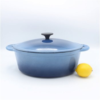 Robuuste ovale vintage gietijzeren pan, azuurblauw 30 cm - 0