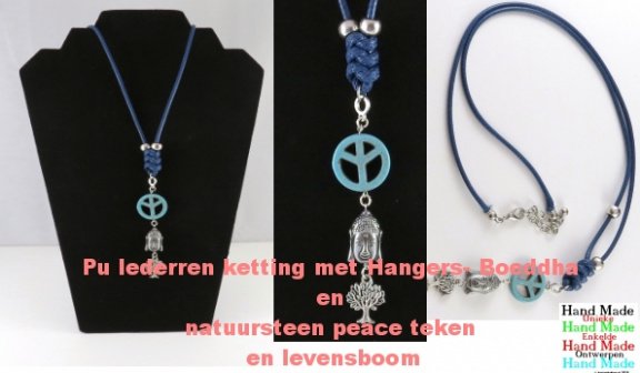 Hand gemaakt unieke Pu lederen ketting met Hangers- Boeddha ,Peace,Levensboom - Afbeelding 3