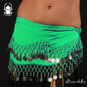 SCARABELLA buikdanskleding bellydance heupsjaal belt buikdans riem rokje munten gordel groen goud - 1