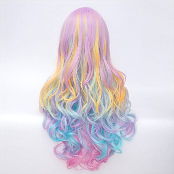 Carnaval pruik lang haar met krullen in pastel kleuren - 4