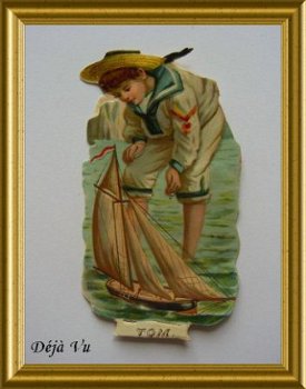 Antiek poezieplaatje : jongen met bootje : Tom - 1