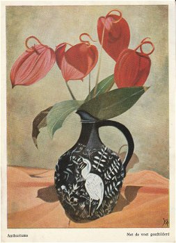 Bloemenkaart Anthuriums met de voet geschilderd 1955 - 1