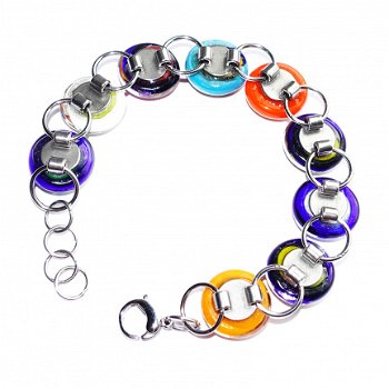 RVS edelstaal armband met prachtige gekleurde glazen cabochons van Murano millefiori glas. - 2