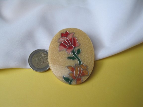 Broche kunststof cloisonné stijl bloemen in zilverkleurig randje 5.9x4.7 cm. - Afbeelding 7