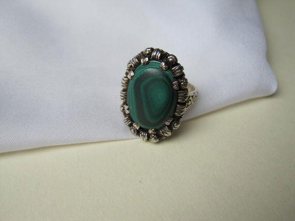Zilveren ring maat 19.7 groene malachiet edelsteen - nr. 1