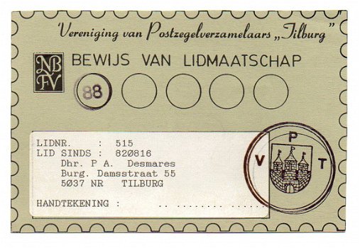 C011 Vereniging van Postzegelverzamelaars Tilburg / Bewijs van Lidmaatschap / Kaart - 1