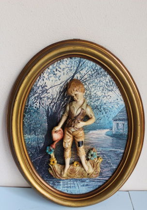 Decoratief vintage lijstje met jongen die bloemen water geeft - nr. 1