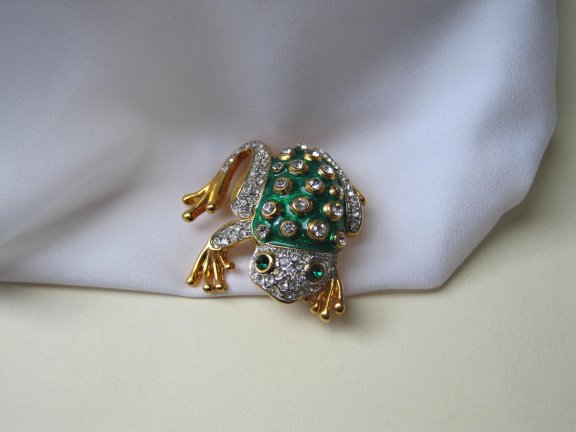 Broche goudkleurig en groen emaille kikker met kristal rijnsteentjes 4.5x4.1 cm. - Afbeelding 5