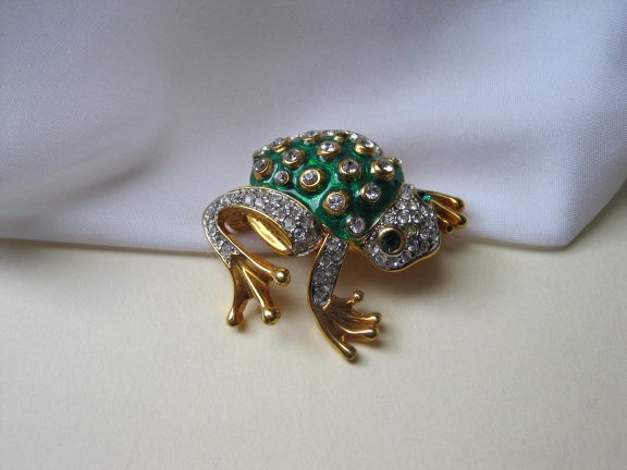 Broche goudkleurig en groen emaille kikker met kristal rijnsteentjes 4.5x4.1 cm. - Afbeelding 6