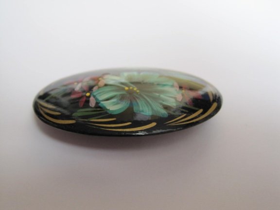 Broche russisch hout gelakt met blauw turquoise bloem 5.1x3.4 cm - Afbeelding 3