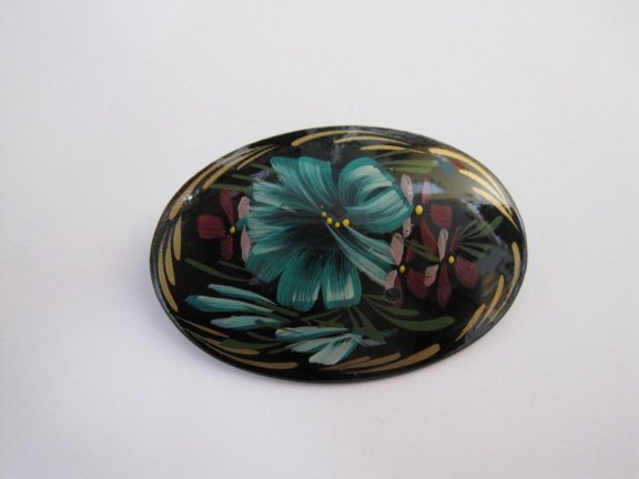 Broche russisch hout gelakt met blauw turquoise bloem 5.1x3.4 cm - Afbeelding 5