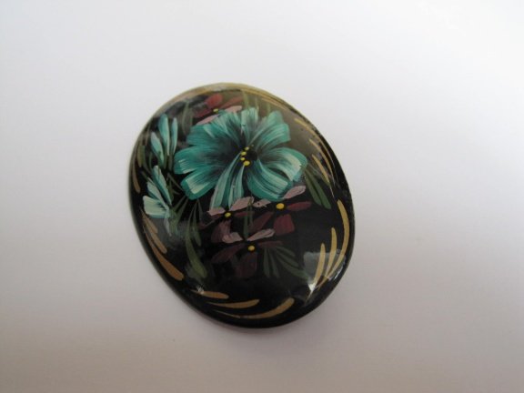 Broche russisch hout gelakt met blauw turquoise bloem 5.1x3.4 cm - Afbeelding 6