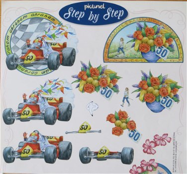 3D knipvel (A4) --- 50 JAAR / ABRAHAM en SARAH --- picturel 117145/1070 --- RACEAUTO, BLOEMEN en mee - 2