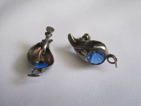 Zilveren Art Deco schroefoorbellen+ blauwe glas/rijnsteen - Afbeelding 2