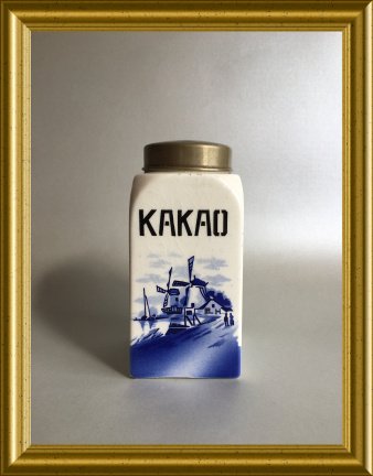 Oud delftsblauw aardewerk kakao / cacao potje: molen, boot - nr. 1