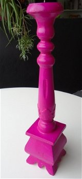 HOUTEN HANDGEMAAKTE KANDELAAR FUCHSIA 45 CM NIEUW - 1