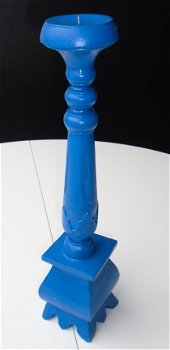 HOUTEN HANDGEMAAKTE KANDELAAR BLAUW 45 CM NIEUW - 1