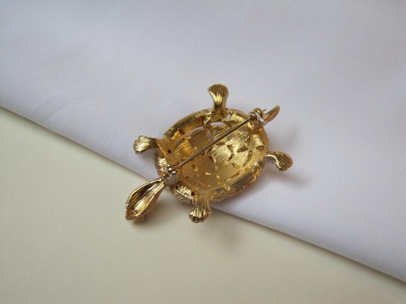 Broche goudkleurig verguld en beige bruin emaille schildpad 4.9x3.0 cm - Afbeelding 3