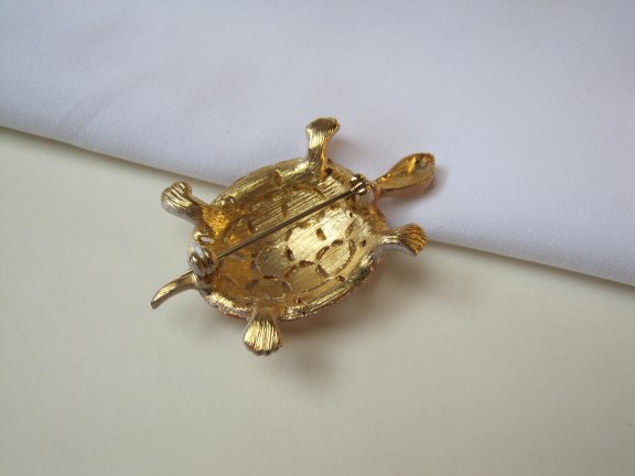 Broche goudkleurig verguld en beige bruin emaille schildpad 4.9x3.0 cm - Afbeelding 6