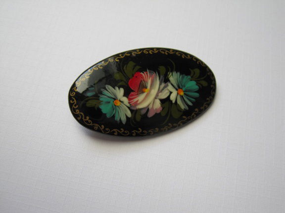 Broche gelakt hout met bloemenafbeelding 5.2x3.0 cm - nr. 1