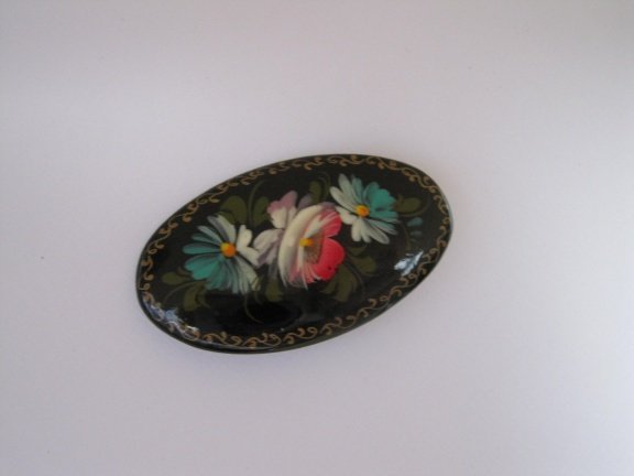 Broche gelakt hout met bloemenafbeelding 5.2x3.0 cm - Afbeelding 4
