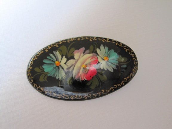 Broche gelakt hout met bloemenafbeelding 5.2x3.0 cm - Afbeelding 5