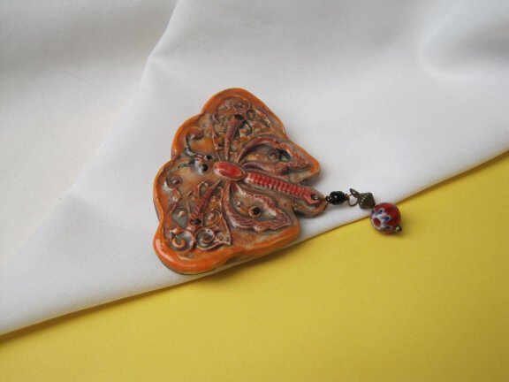 Broche keramiek porselein oranje vlinder met mille fiori glas kraal 7.1x5.9 cm - Afbeelding 2
