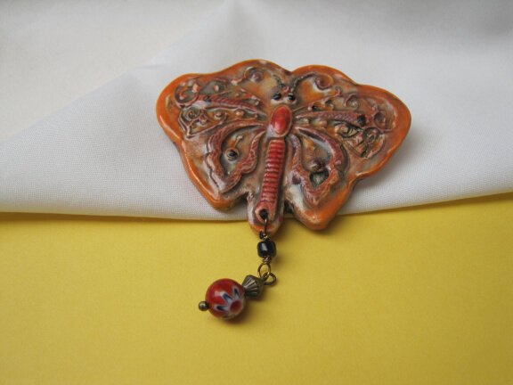 Broche keramiek porselein oranje vlinder met mille fiori glas kraal 7.1x5.9 cm - Afbeelding 4