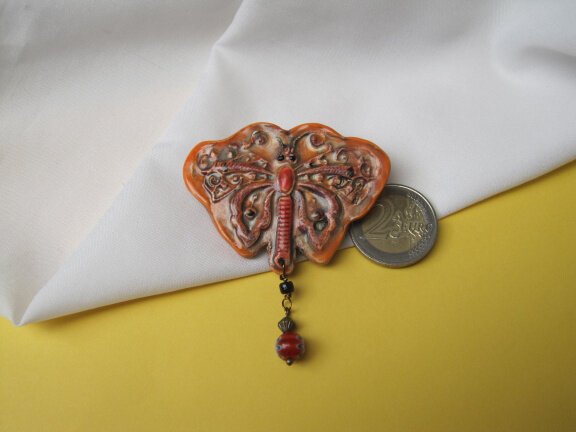 Broche keramiek porselein oranje vlinder met mille fiori glas kraal 7.1x5.9 cm - Afbeelding 5