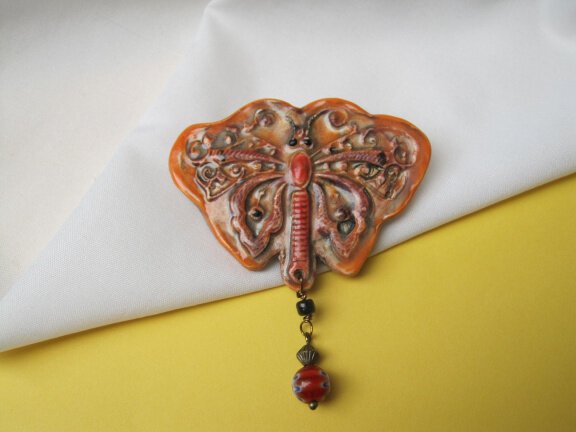 Broche keramiek porselein oranje vlinder met mille fiori glas kraal 7.1x5.9 cm - Afbeelding 6