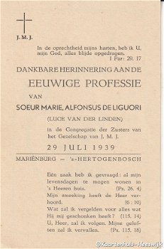 Prentje Eeuwige Professie Luce van der Linden 29 Juli 1939 - 2