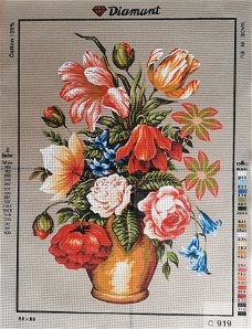 VOORBEDRUKT GROOT BORDUURSTRAMIEN , POT met FLEURIGE BLOEMEN  919