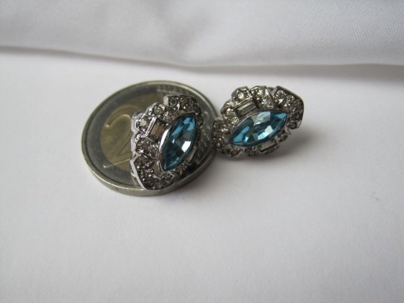 Zilveren oorbellen Art Deco helder en topaas blauw kristal rijnsteen 1.7x1.2 cm schroefmodel - Afbeelding 2