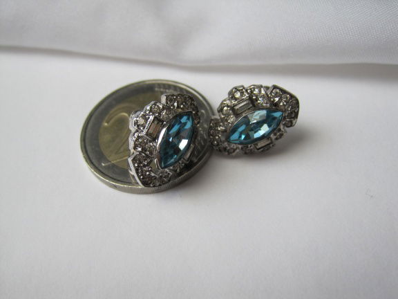 Zilveren oorbellen Art Deco helder en topaas blauw kristal rijnsteen 1.7x1.2 cm schroefmodel - Afbeelding 3