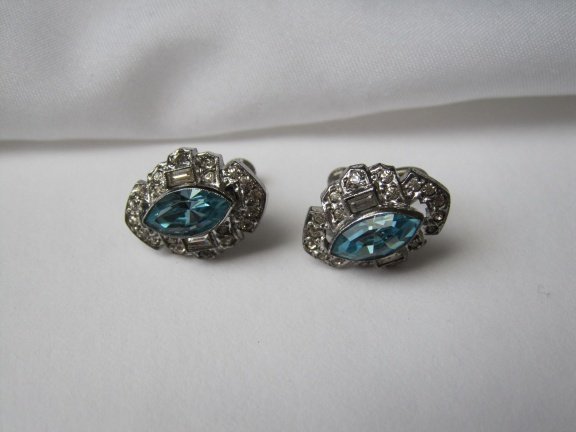 Zilveren oorbellen Art Deco helder en topaas blauw kristal rijnsteen 1.7x1.2 cm schroefmodel - Afbeelding 5
