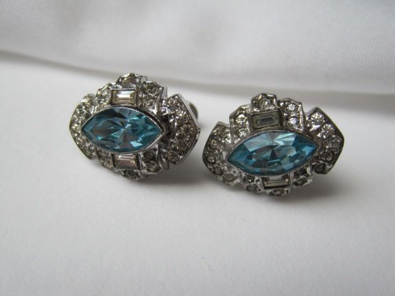 Zilveren oorbellen Art Deco helder en topaas blauw kristal rijnsteen 1.7x1.2 cm schroefmodel - Afbeelding 7