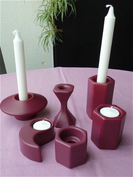 WAXINELICHTJES EN KANDELAAR 6 DESIGN BORDEAUX NIEUW - 1