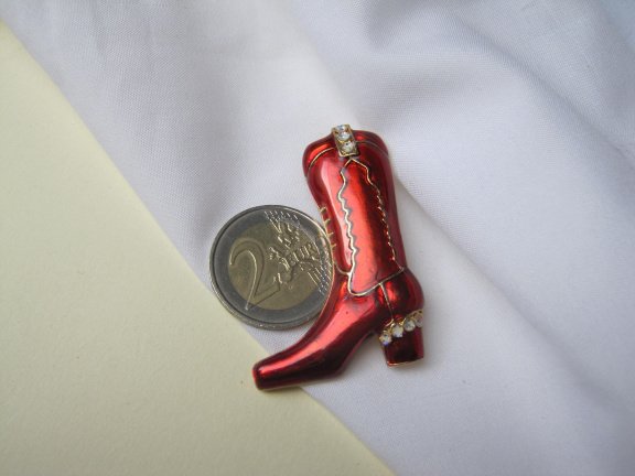 Broche goudkleurige en rood emaille laars aurora steentjes 5.0x3.6 cm. - Afbeelding 3