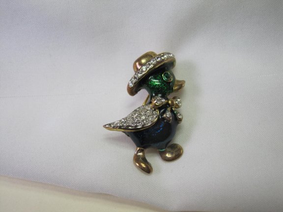 Broche goudkleurig blauw groen emaille eend met sombrero hoed 3.9x2.4 cm - Afbeelding 7