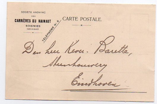 J093 Briefkaart Belgie 1909 / Carrieres du Hainaut Soignies - 1