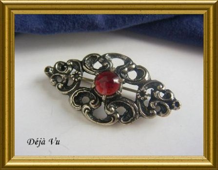 Mooie oude zilveren (835) broche met rode steen - 4