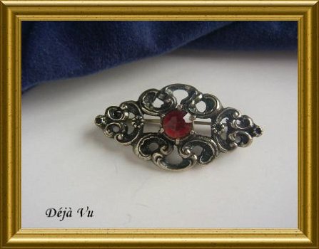 Mooie oude zilveren (835) broche met rode steen - 5